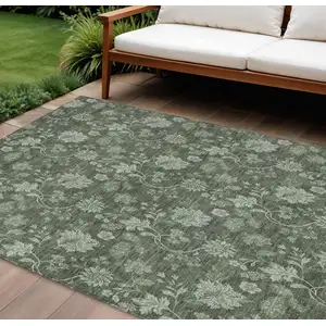 Photo of Olive Green And Artichoke Green Floral Washable Indoor Outdoor Area Rug