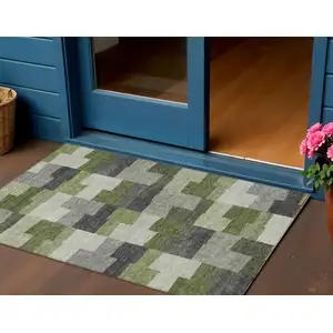 Photo of Olive Green And Artichoke Green Geometric Washable Indoor Outdoor Area Rug