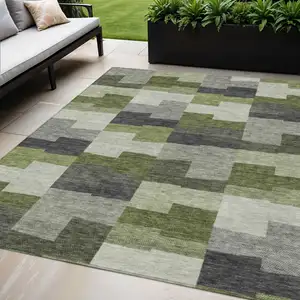 Photo of Olive Green And Artichoke Green Geometric Washable Indoor Outdoor Area Rug