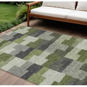 Photo of Olive Green And Artichoke Green Geometric Washable Indoor Outdoor Area Rug