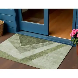 Photo of Olive Green And Artichoke Green Geometric Washable Indoor Outdoor Area Rug