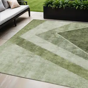 Photo of Olive Green And Artichoke Green Geometric Washable Indoor Outdoor Area Rug