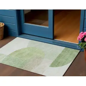 Photo of Olive Green And Artichoke Green Geometric Washable Indoor Outdoor Area Rug