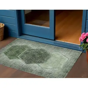 Photo of Olive Green And Artichoke Green Geometric Washable Indoor Outdoor Area Rug