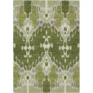 Photo of Olive Green And Artichoke Green Ikat Washable Indoor Outdoor Area Rug