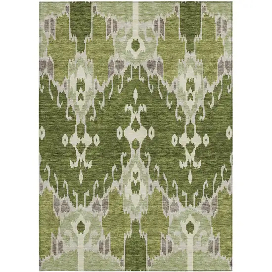 Olive Green And Artichoke Green Ikat Washable Indoor Outdoor Area Rug Photo 4