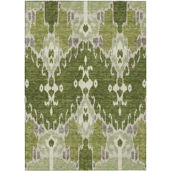 Olive Green And Artichoke Green Ikat Washable Indoor Outdoor Area Rug Photo 1