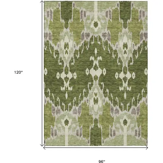 Olive Green And Artichoke Green Ikat Washable Indoor Outdoor Area Rug Photo 9