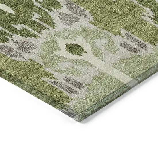 Olive Green And Artichoke Green Ikat Washable Indoor Outdoor Area Rug Photo 3