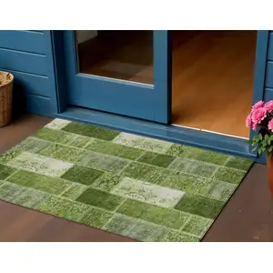 Photo of Olive Green And Artichoke Green Patchwork Washable Indoor Outdoor Area Rug