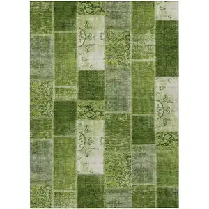 Photo of Olive Green And Artichoke Green Patchwork Washable Indoor Outdoor Area Rug