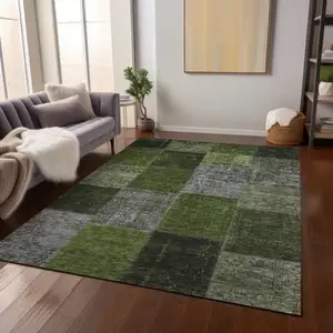 Photo of Olive Green And Artichoke Green Patchwork Washable Indoor Outdoor Area Rug