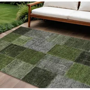 Photo of Olive Green And Artichoke Green Patchwork Washable Indoor Outdoor Area Rug