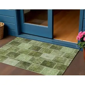 Photo of Olive Green And Artichoke Green Patchwork Washable Indoor Outdoor Area Rug