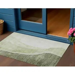 Photo of Olive Green And Beige Abstract Washable Indoor Outdoor Area Rug