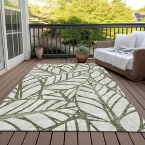 Photo of Olive Green And Beige Floral Washable Indoor Outdoor Area Rug