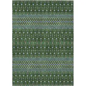 Photo of Olive Green And Blue Tribal Washable Indoor Outdoor Area Rug