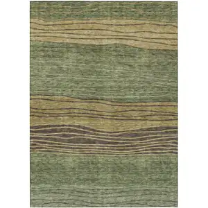 Photo of Olive Green And Chocolate Striped Washable Indoor Outdoor Area Rug