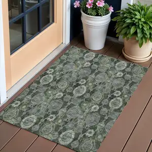 Photo of Olive Green And Fern Green Damask Washable Indoor Outdoor Area Rug