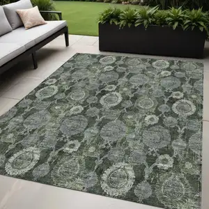 Photo of Olive Green And Fern Green Damask Washable Indoor Outdoor Area Rug