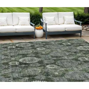 Photo of Olive Green And Fern Green Damask Washable Indoor Outdoor Area Rug