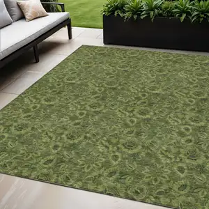 Photo of Olive Green And Fern Green Floral Washable Indoor Outdoor Area Rug