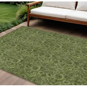 Photo of Olive Green And Fern Green Floral Washable Indoor Outdoor Area Rug