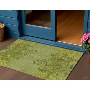 Photo of Olive Green And Fern Green Floral Washable Indoor Outdoor Area Rug