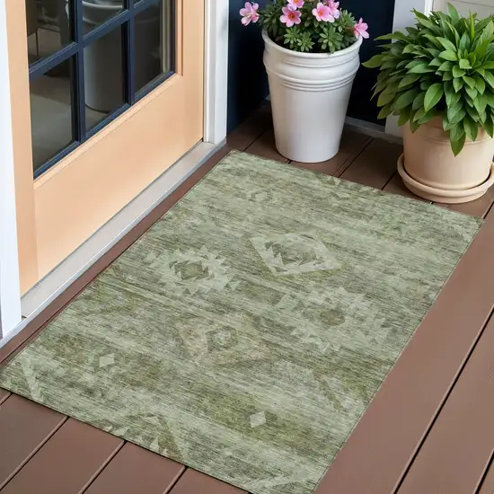 Olive Green And Fern Green Southwestern Washable Indoor Outdoor Area Rug Photo 1