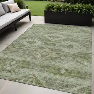 Photo of Olive Green And Fern Green Southwestern Washable Indoor Outdoor Area Rug