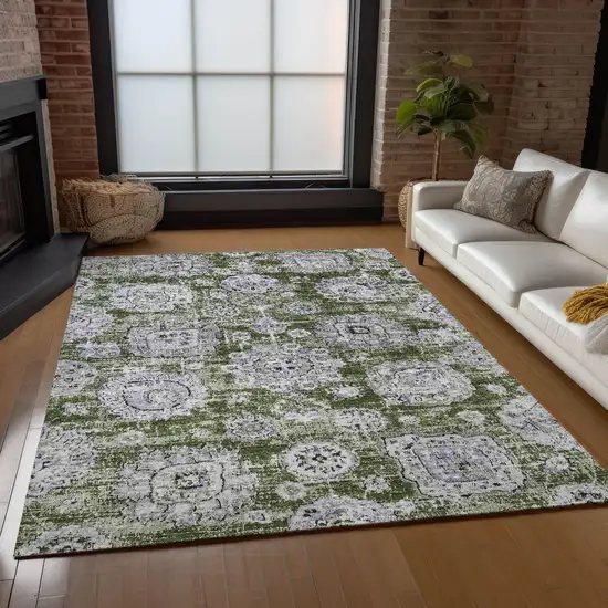 Olive Green And Gray Floral Washable Indoor Outdoor Area Rug Photo 8