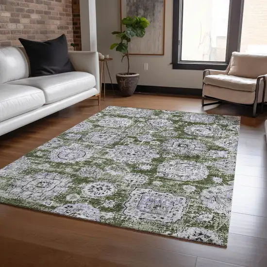 Olive Green And Gray Floral Washable Indoor Outdoor Area Rug Photo 7