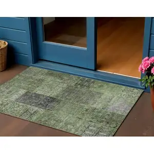 Photo of Olive Green And Gray Patchwork Washable Indoor Outdoor Area Rug