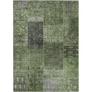 Photo of Olive Green And Gray Patchwork Washable Indoor Outdoor Area Rug