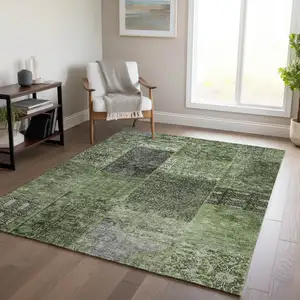 Photo of Olive Green And Gray Patchwork Washable Indoor Outdoor Area Rug