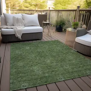 Photo of Olive Green And Green Floral Washable Indoor Outdoor Area Rug