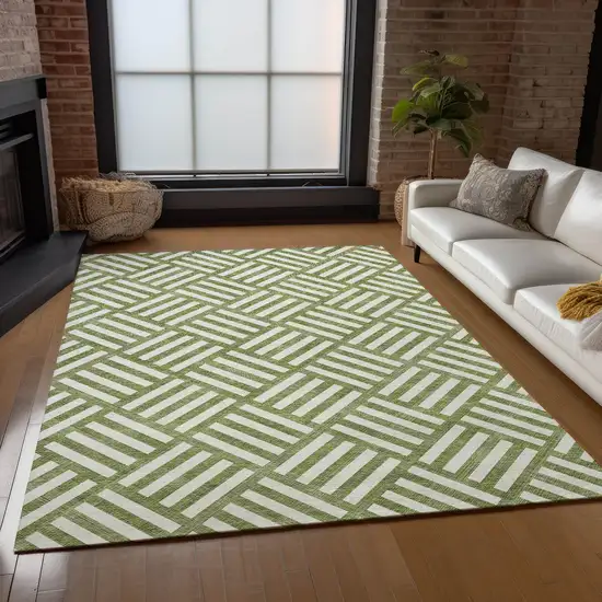 Olive Green And Ivory Geometric Washable Indoor Outdoor Area Rug Photo 9