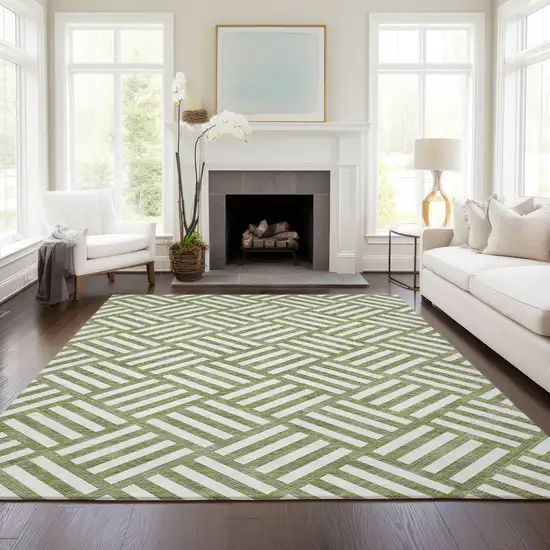 Olive Green And Ivory Geometric Washable Indoor Outdoor Area Rug Photo 8