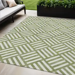 Photo of Olive Green And Ivory Geometric Washable Indoor Outdoor Area Rug