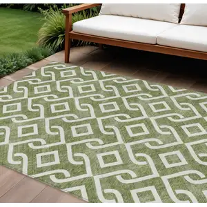 Photo of Olive Green And Ivory Geometric Washable Indoor Outdoor Area Rug