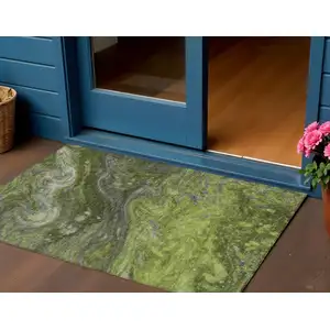 Photo of Olive Green And Lime Green Abstract Washable Indoor Outdoor Area Rug