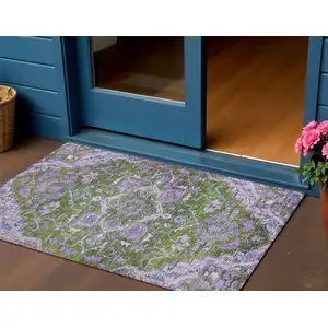 Photo of Olive Green And Purple Oriental Washable Indoor Outdoor Area Rug