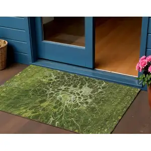 Photo of Olive Green And Sage Abstract Washable Indoor Outdoor Area Rug