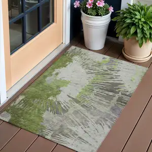 Photo of Olive Green Artichoke Green And Fern Green Abstract Washable Indoor Outdoor Area Rug