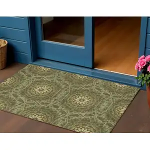 Photo of Olive Green Artichoke Green And Gold Floral Medallion Washable Indoor Outdoor Area Rug