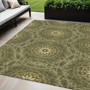 Photo of Olive Green Artichoke Green And Gold Floral Medallion Washable Indoor Outdoor Area Rug