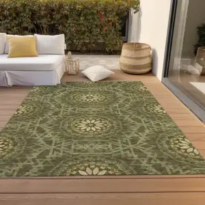 Photo of Olive Green Artichoke Green And Gold Floral Medallion Washable Indoor Outdoor Area Rug