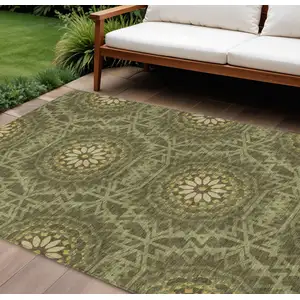 Photo of Olive Green Artichoke Green And Gold Floral Medallion Washable Indoor Outdoor Area Rug