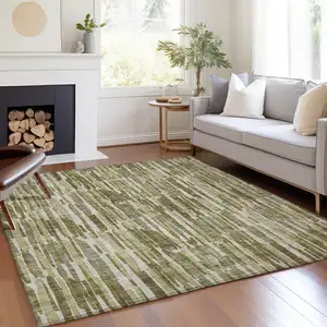 Photo of Olive Green Brown And Beige Abstract Washable Indoor Outdoor Area Rug