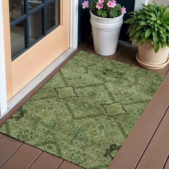 Olive Green Fern Green And Artichoke Green Floral Washable Indoor Outdoor Area Rug Photo 1